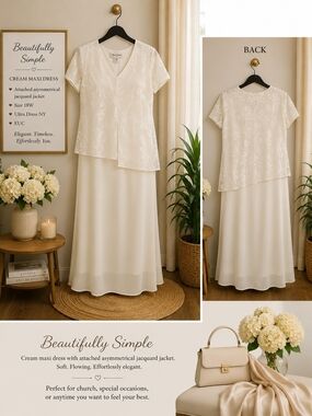 Ultra Dress New York Cream Maxi Dress with Attached Asymmetrical Jacquard Jacket